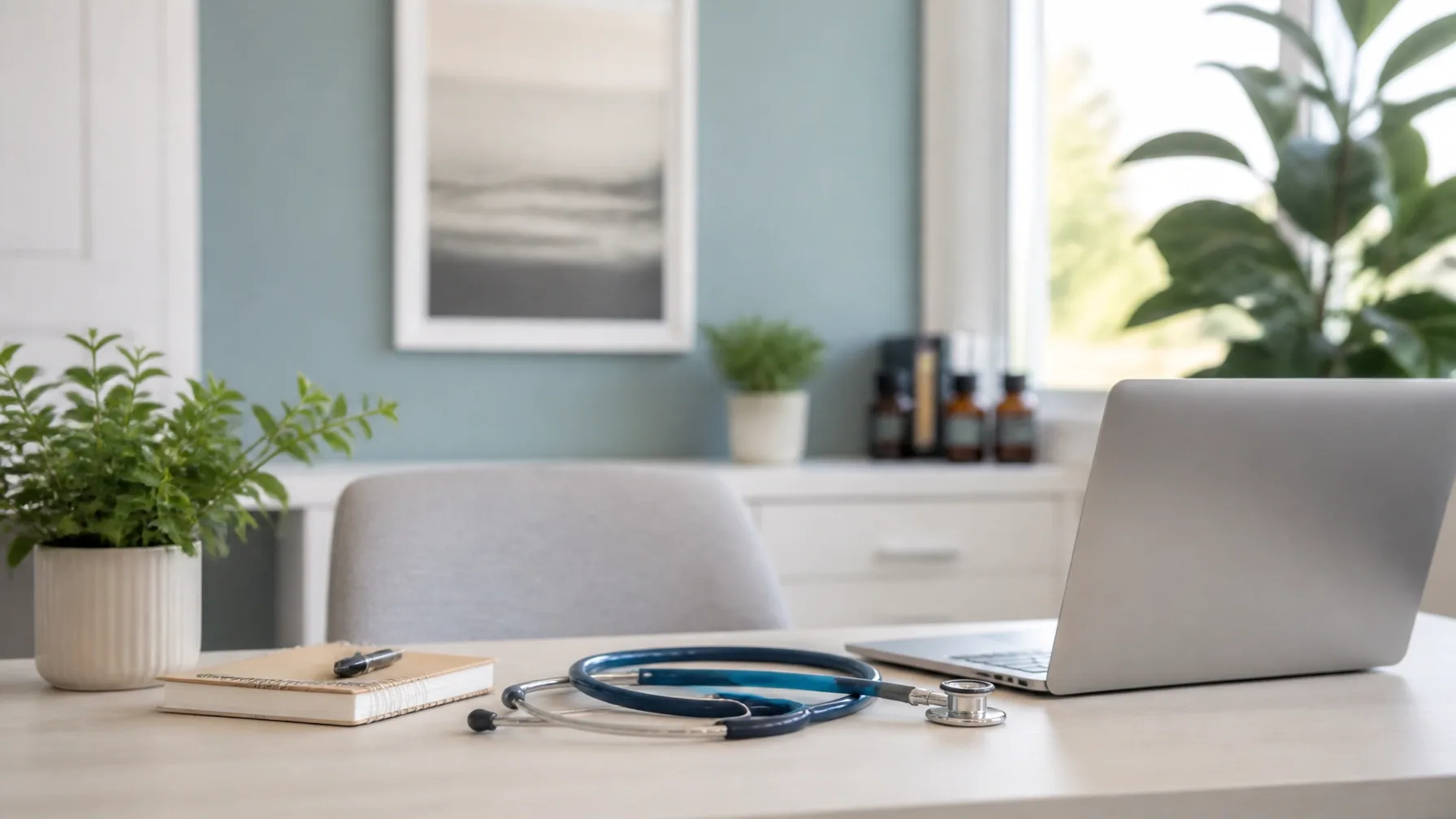 A stethoscope and laptop ready for a virtual primary care visit